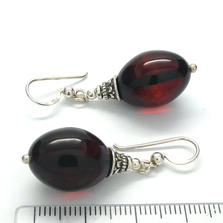 Amber Earrings, Baltic Dark Hand Polished Beads, 925 Silver