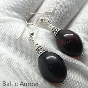 Amber Earrings, Baltic Dark Hand Polished Beads, 925 Silver