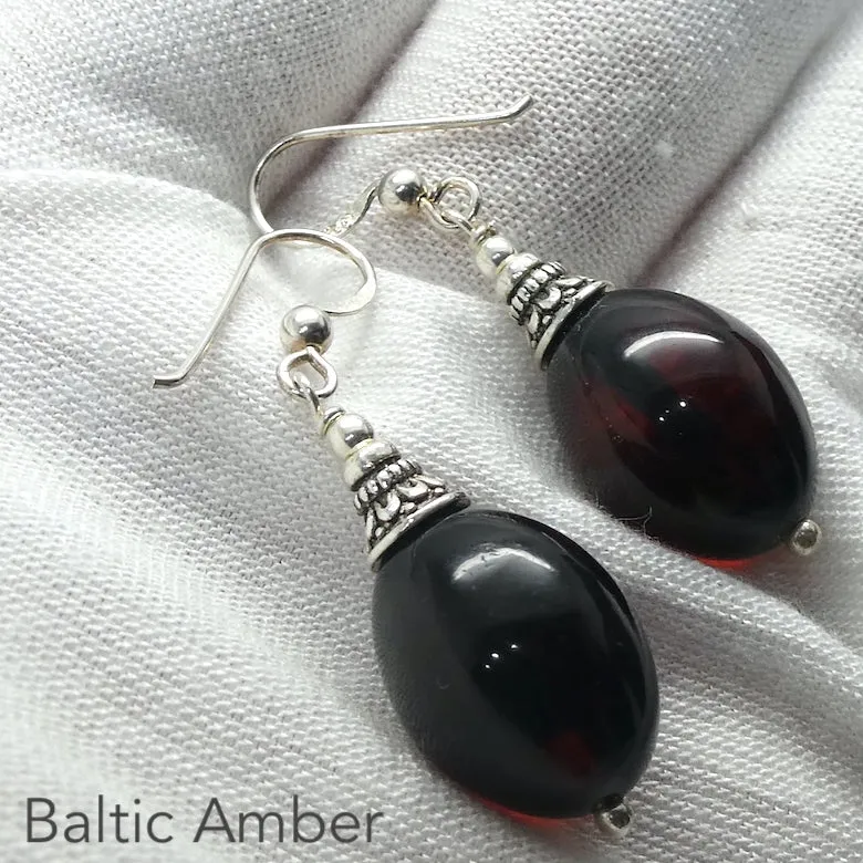 Amber Earrings, Baltic Dark Hand Polished Beads, 925 Silver