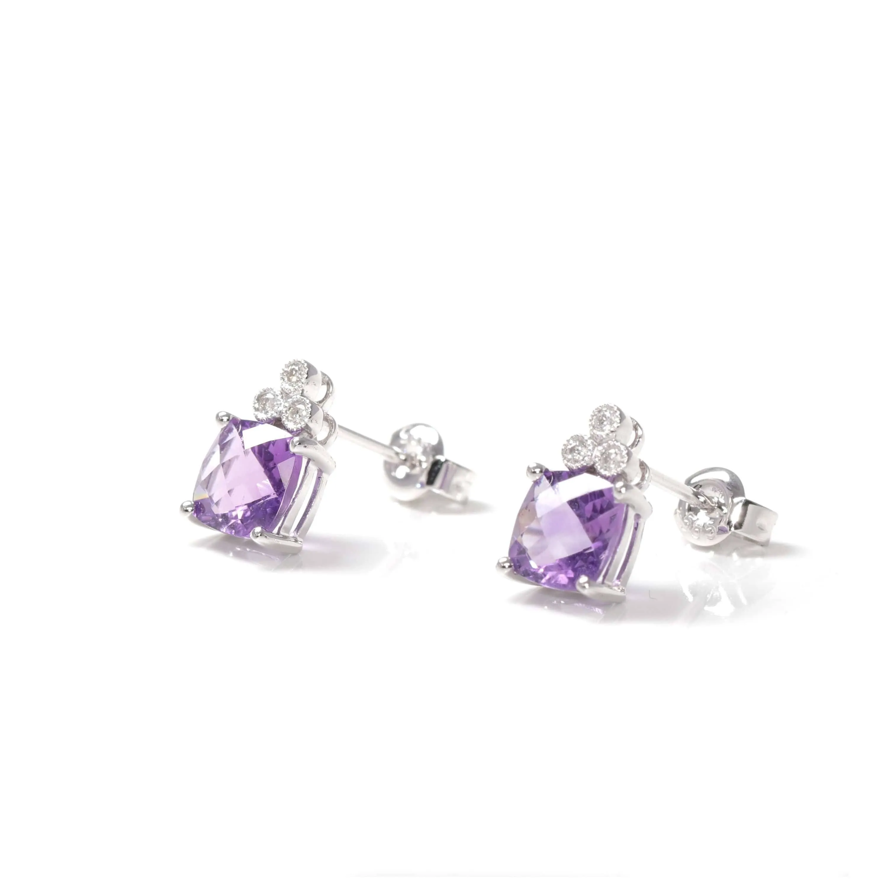Baikalla™ 14k White Gold Natural Amethyst Earrings W/ Diamonds