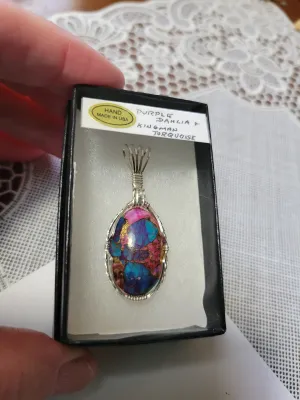 Custom Wire Wrapped Purple Dahlia & Kingman Turquoise Necklace/Pendant Sterling Silver
