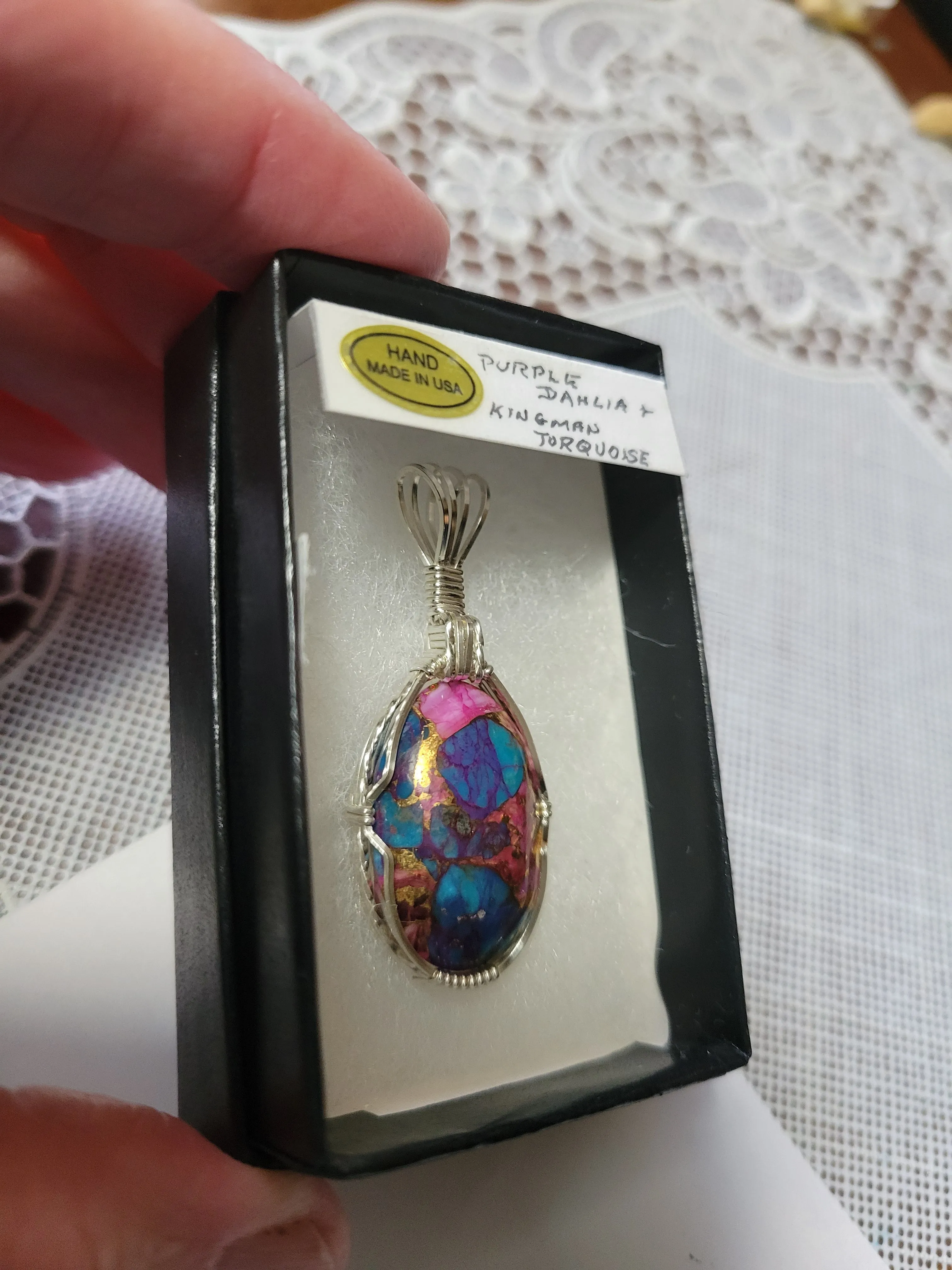 Custom Wire Wrapped Purple Dahlia & Kingman Turquoise Necklace/Pendant Sterling Silver