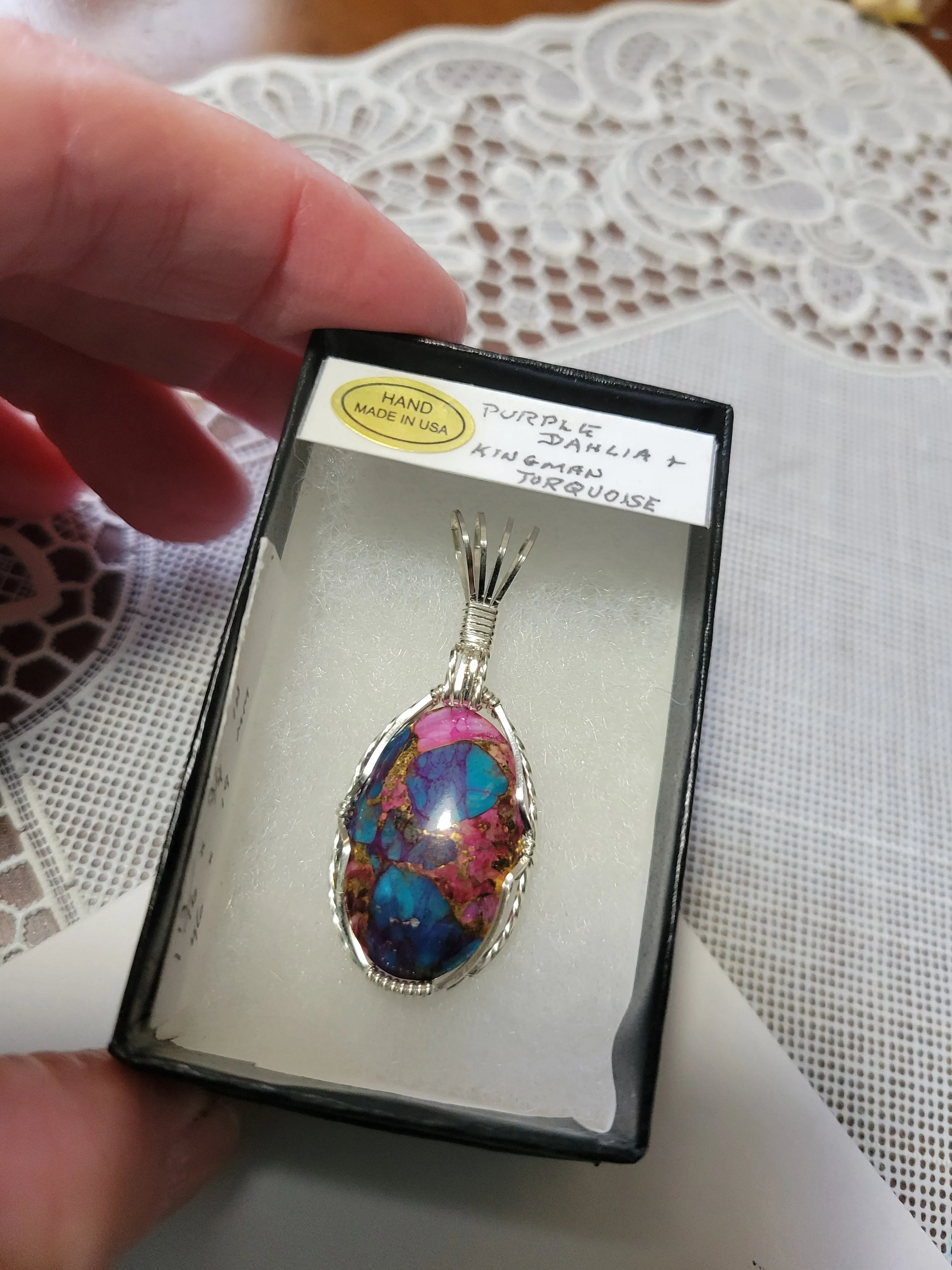 Custom Wire Wrapped Purple Dahlia & Kingman Turquoise Necklace/Pendant Sterling Silver