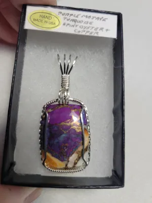 Custom Wire Wrapped Purple Mojave Turquoise Spiny Oyster & Copper Necklace/Pendant Sterling Silver