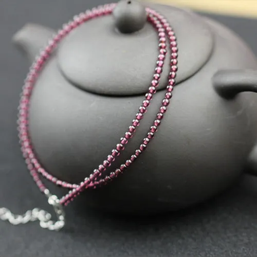 Double Strand Garnet Silver Beaded Bracelet Handmade Birthstone Jewelry for Women