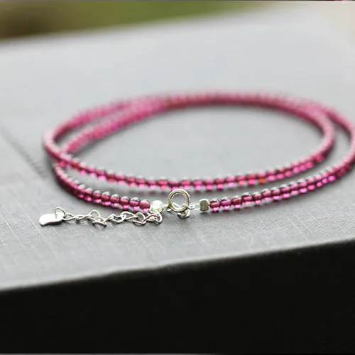 Double Strand Garnet Silver Beaded Bracelet Handmade Birthstone Jewelry for Women