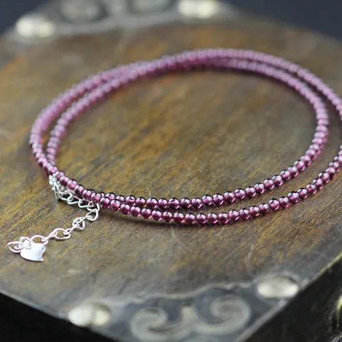 Double Strand Garnet Silver Beaded Bracelet Handmade Birthstone Jewelry for Women