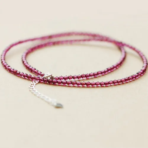 Double Strand Garnet Silver Beaded Bracelet Handmade Birthstone Jewelry for Women