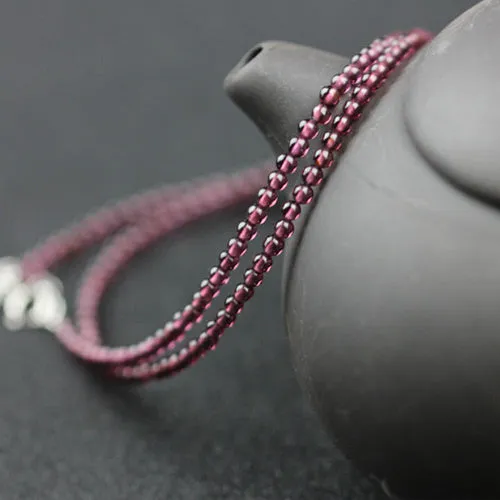 Double Strand Garnet Silver Beaded Bracelet Handmade Birthstone Jewelry for Women