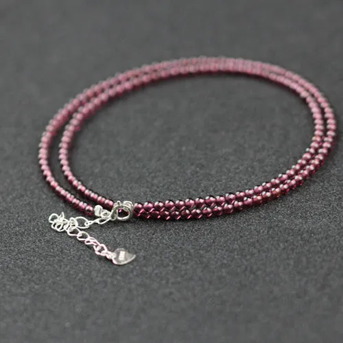 Double Strand Garnet Silver Beaded Bracelet Handmade Birthstone Jewelry for Women