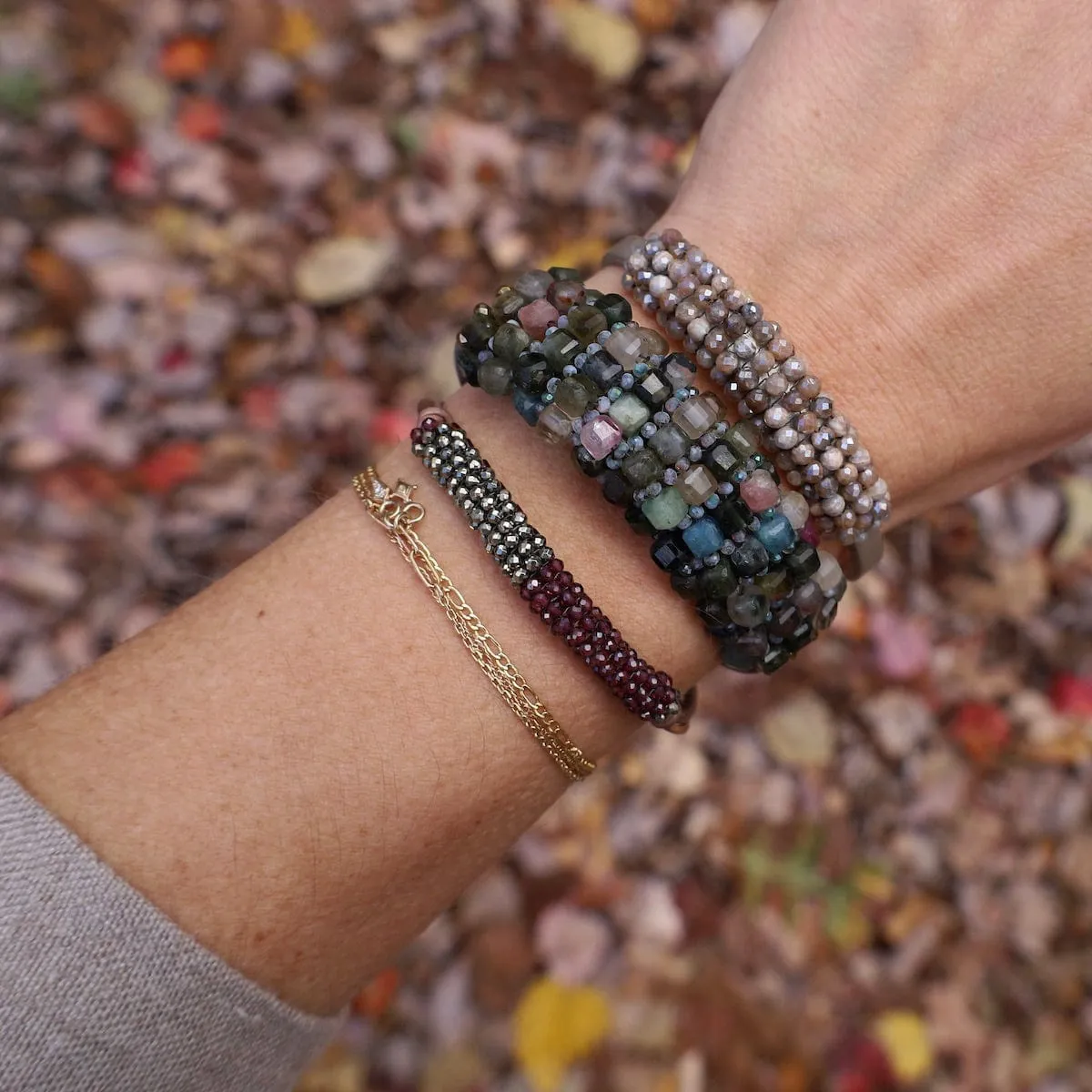 Garnet/Pyrite with Hand-Tied Double-Strand Grey Leather Bracelet