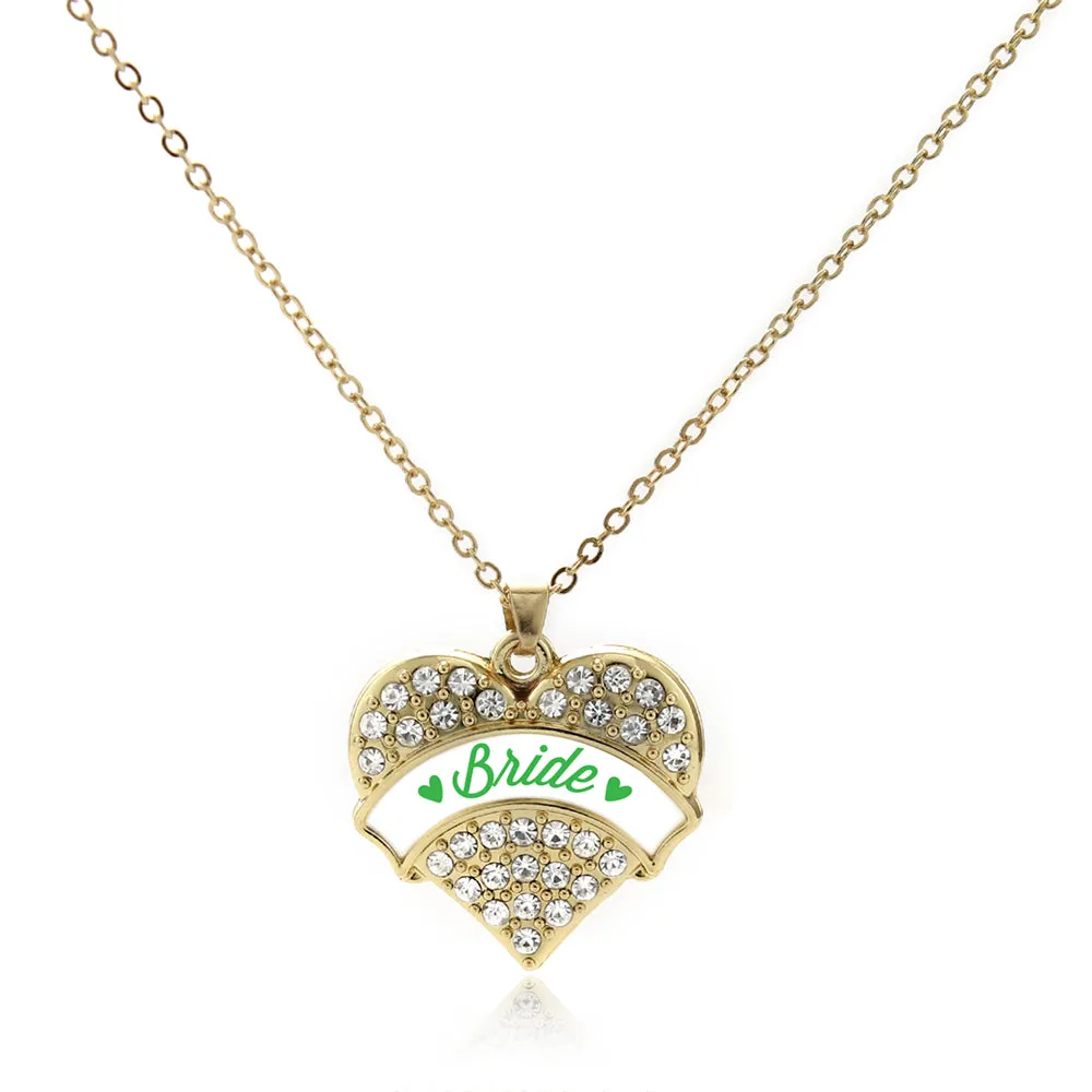 Gold Emerald Green Bride Pave Heart Charm Classic Necklace