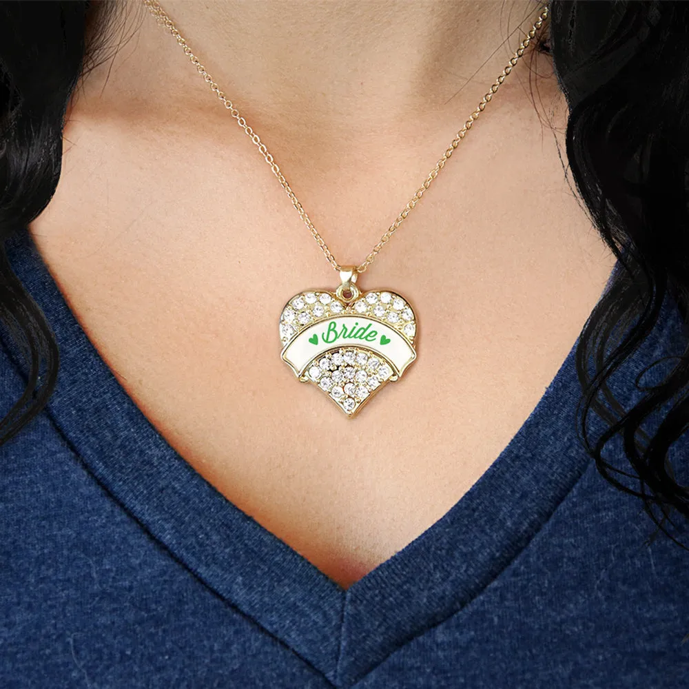 Gold Emerald Green Bride Pave Heart Charm Classic Necklace