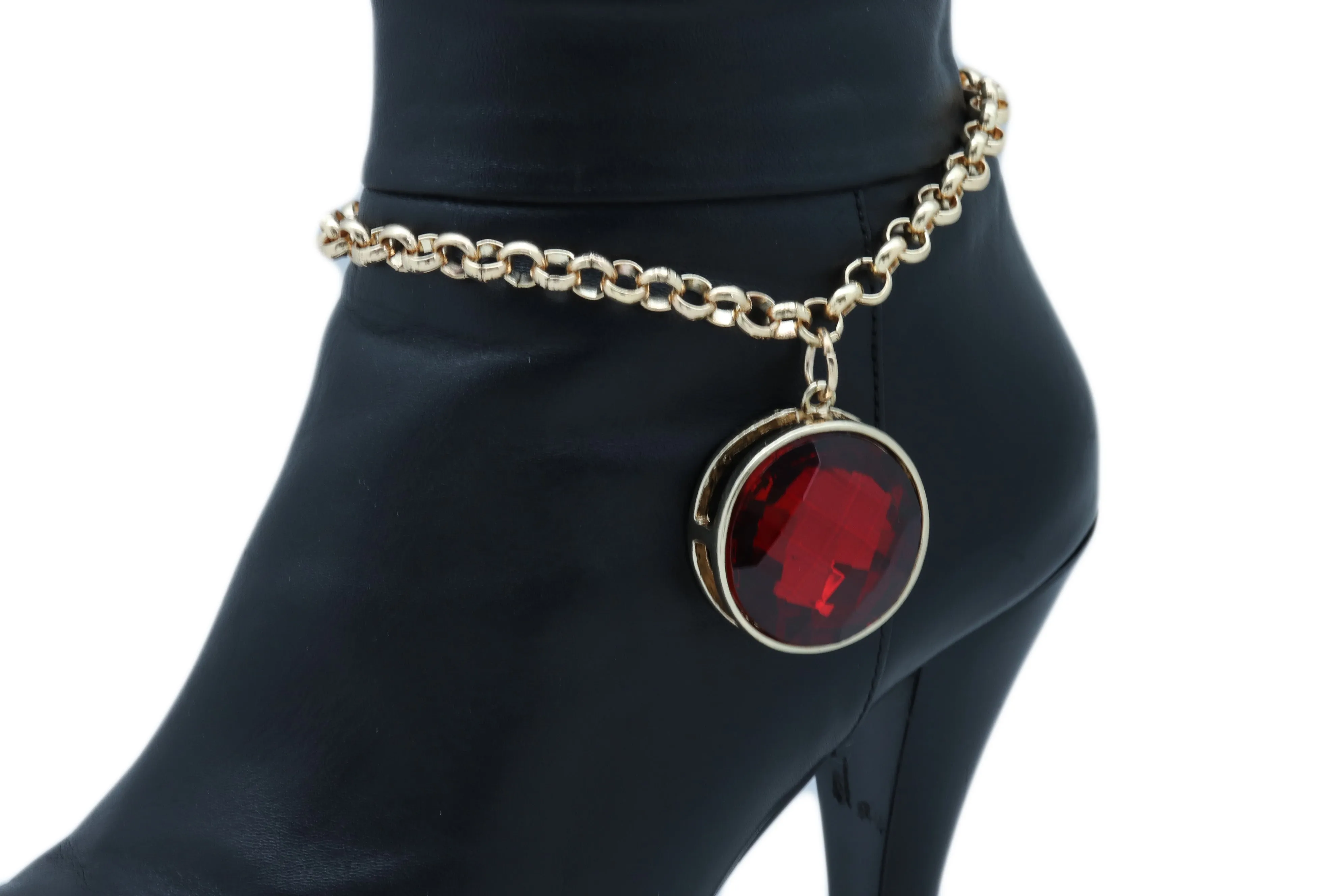 Gold Metal Boot Chain Bracelet Heel Shoe Anklet Big Red Bling Bead Charm