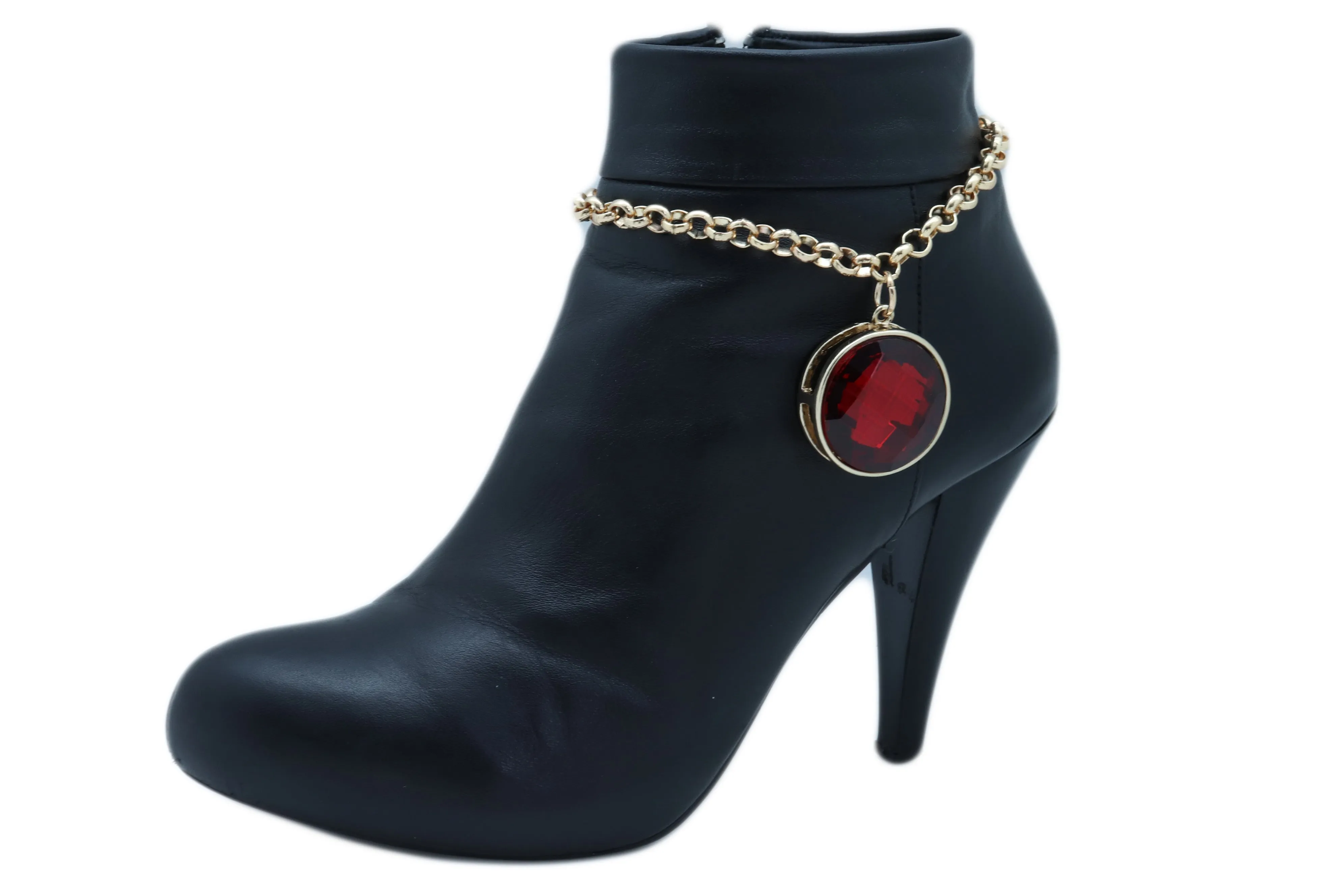 Gold Metal Boot Chain Bracelet Heel Shoe Anklet Big Red Bling Bead Charm