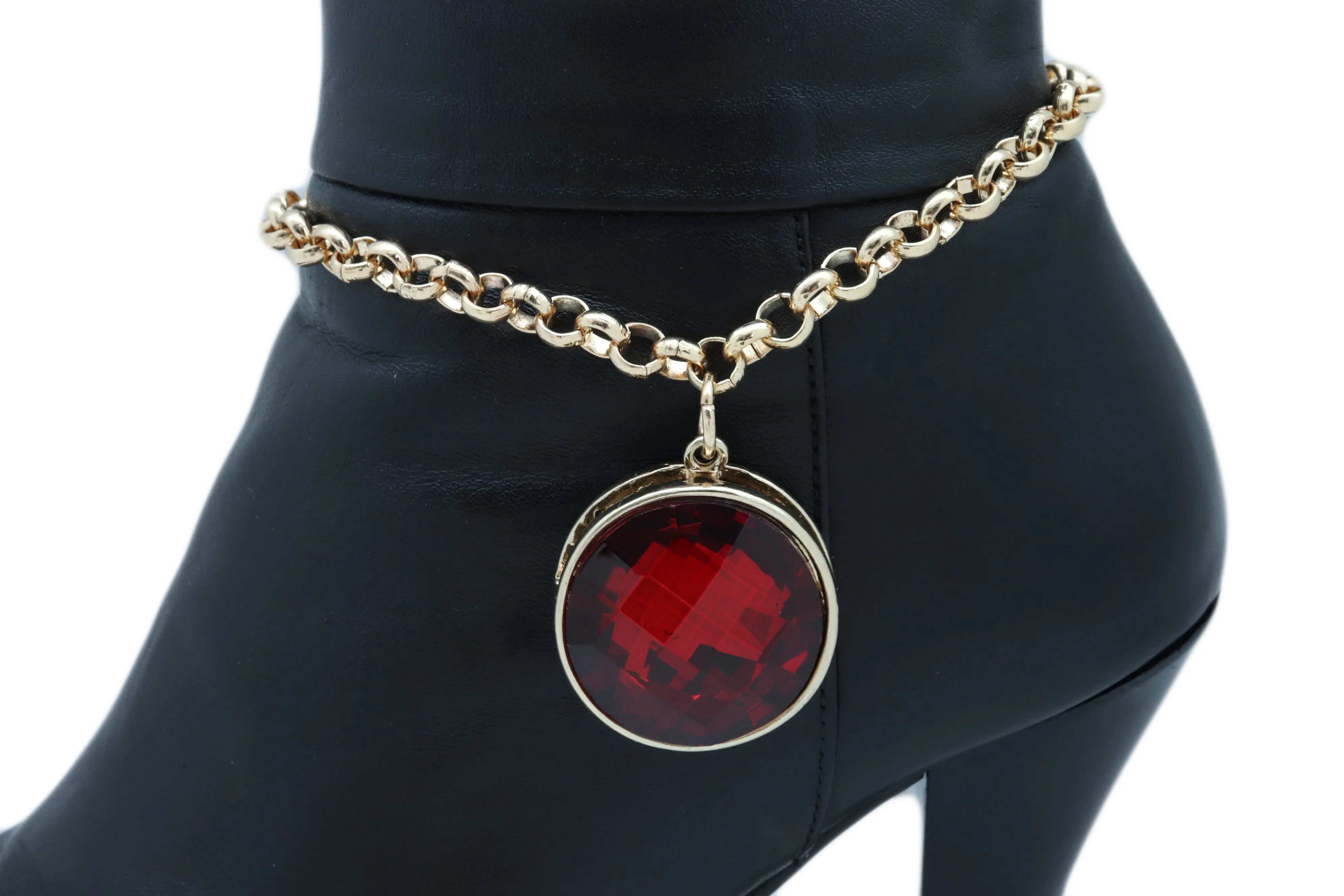 Gold Metal Boot Chain Bracelet Heel Shoe Anklet Big Red Bling Bead Charm