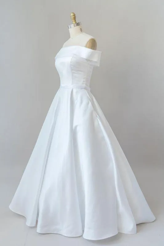 Graceful Off Shoulder Satin Ball Gown Wedding Dress