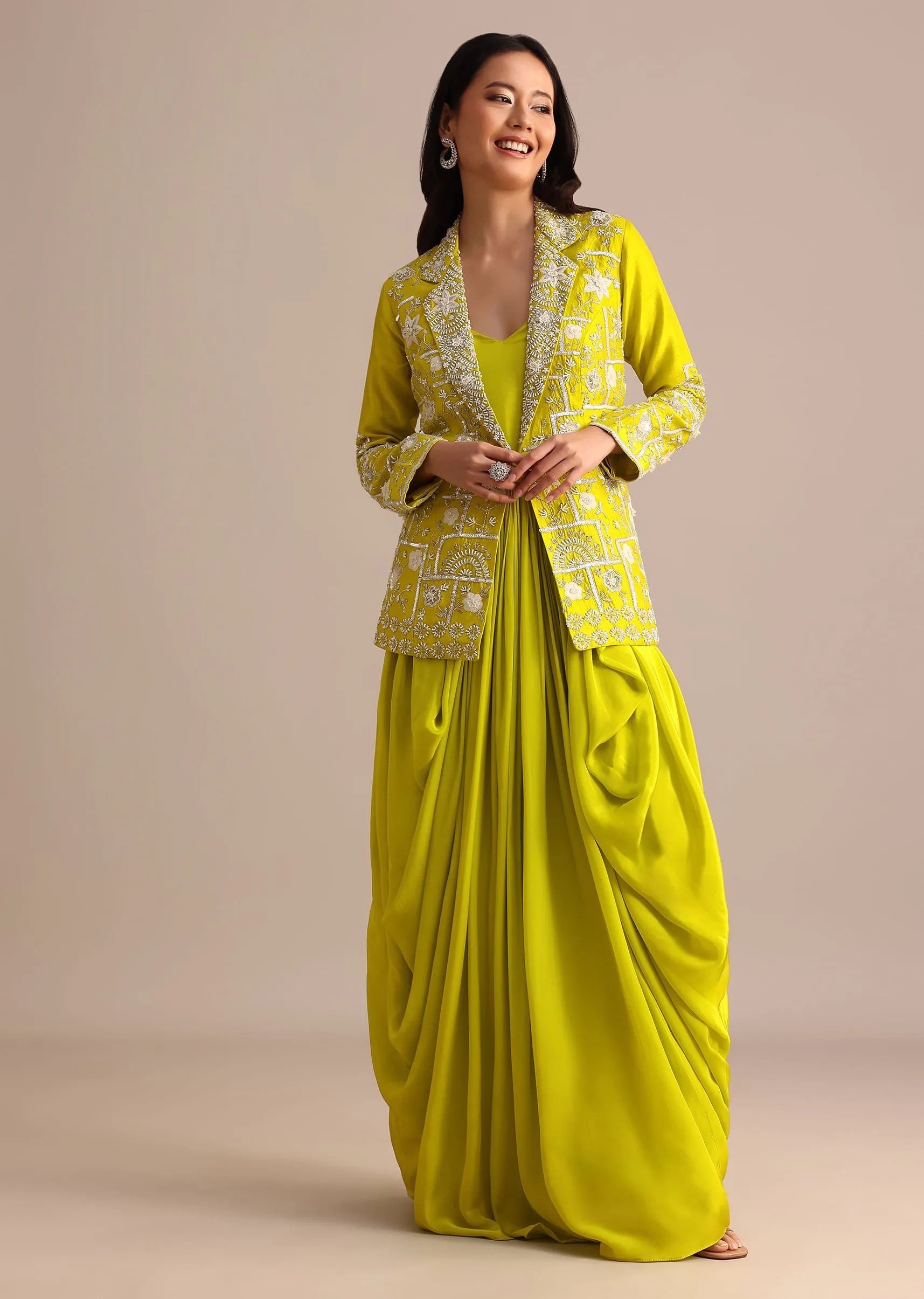 Green Crepe Pleated Gown With Embroidered Jacket