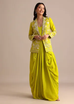 Green Crepe Pleated Gown With Embroidered Jacket