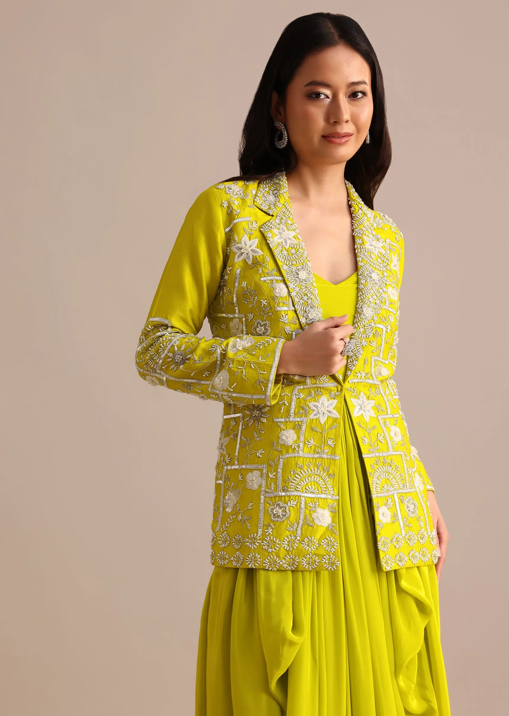 Green Crepe Pleated Gown With Embroidered Jacket