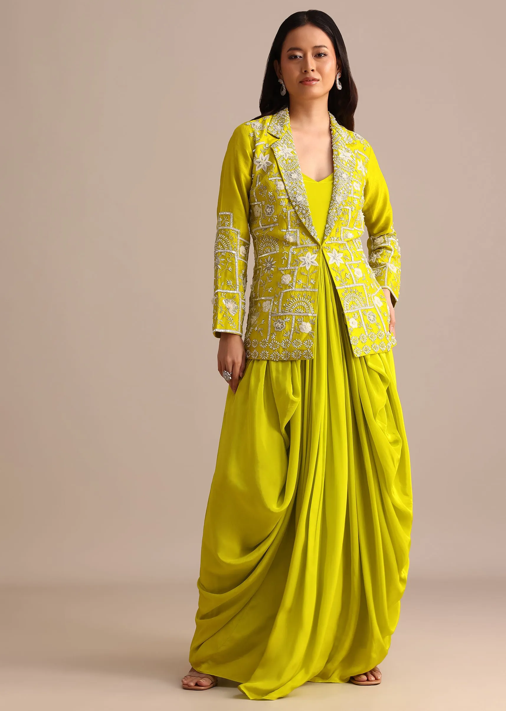 Green Crepe Pleated Gown With Embroidered Jacket