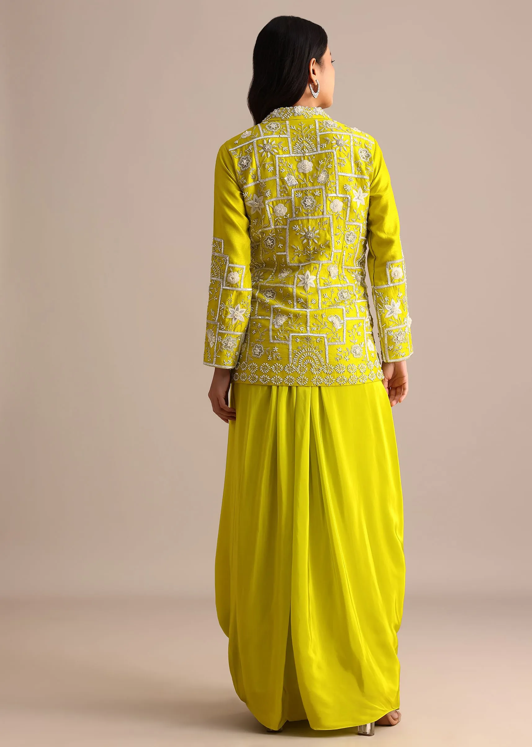 Green Crepe Pleated Gown With Embroidered Jacket