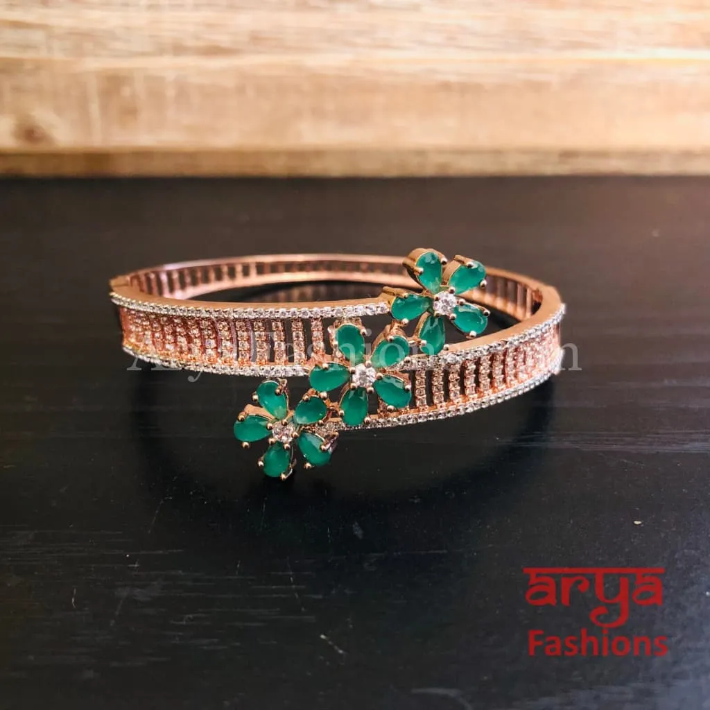 Iva Emerald Green Rose Gold Cubic Zirconia Flower Bracelet