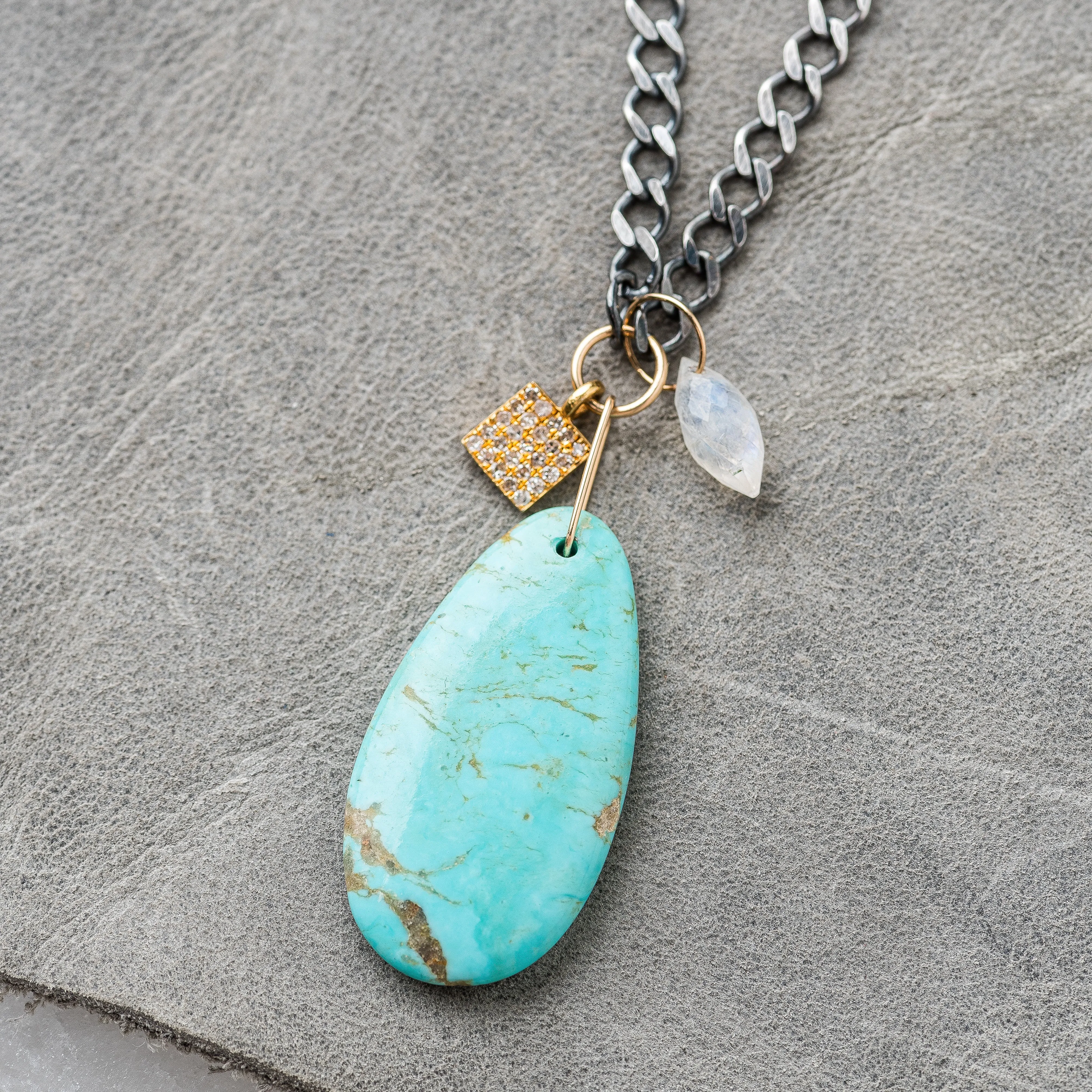 Kingman Turquoise Necklace with Diamond Square and Moonstone