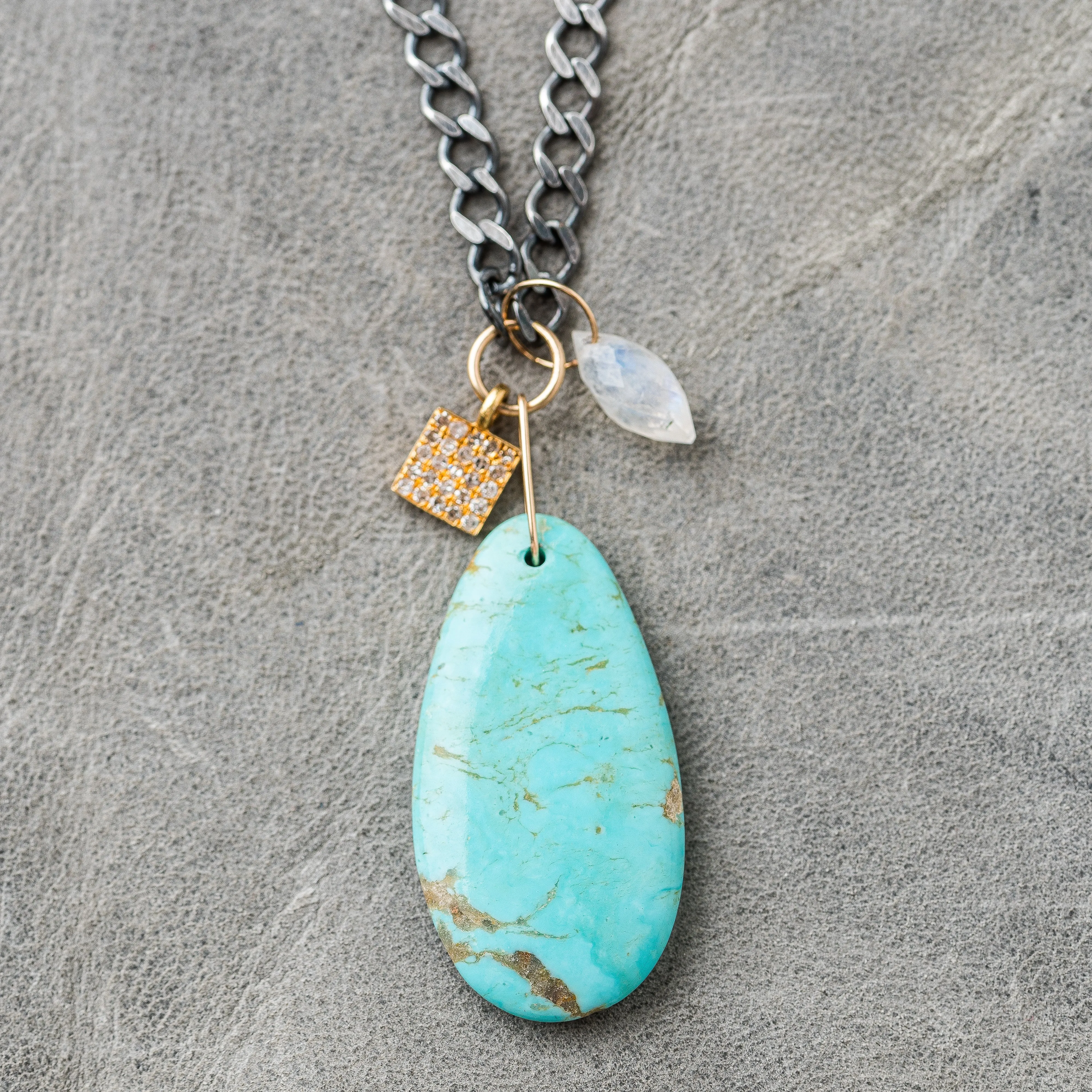 Kingman Turquoise Necklace with Diamond Square and Moonstone