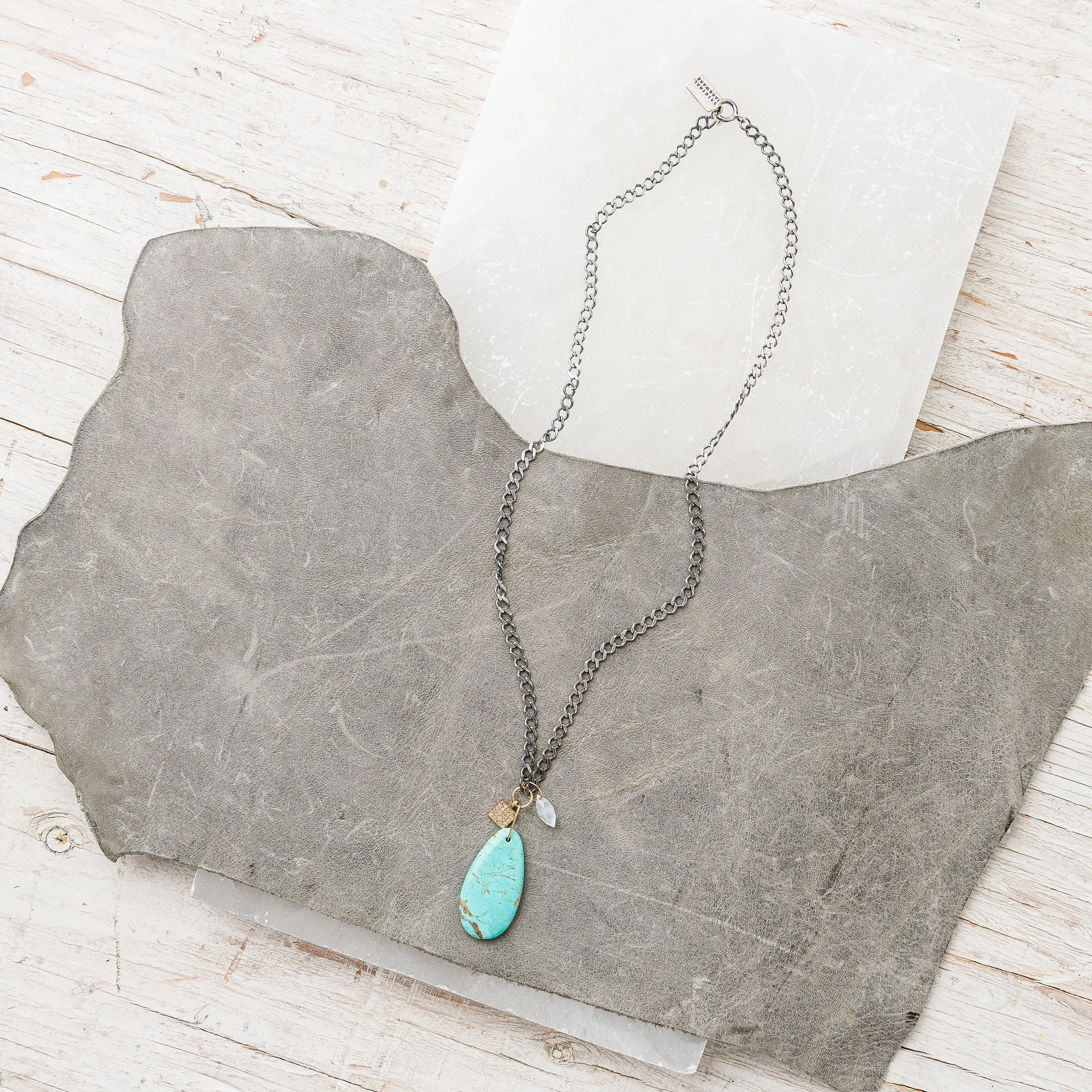 Kingman Turquoise Necklace with Diamond Square and Moonstone