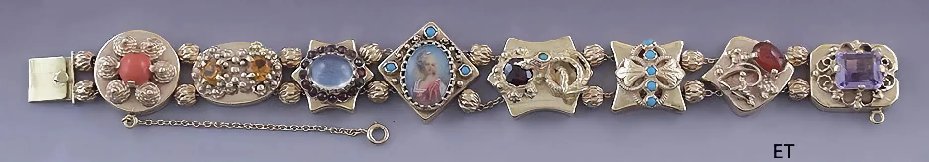 Lovely 14k Gold Multi Gem Slide Charm Bracelet Victorian Style Mini Portrait