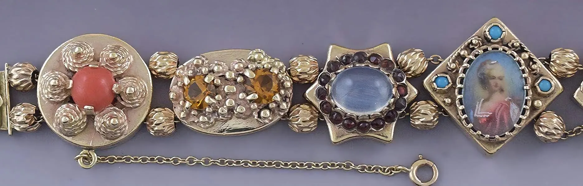 Lovely 14k Gold Multi Gem Slide Charm Bracelet Victorian Style Mini Portrait