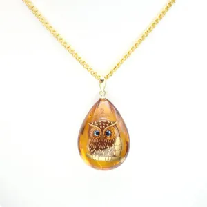 Maki-e Urushi Lacquer Pendant Necklace - Amber / Owl -, Traditional Japanese Urushi Lacquer Jewelry