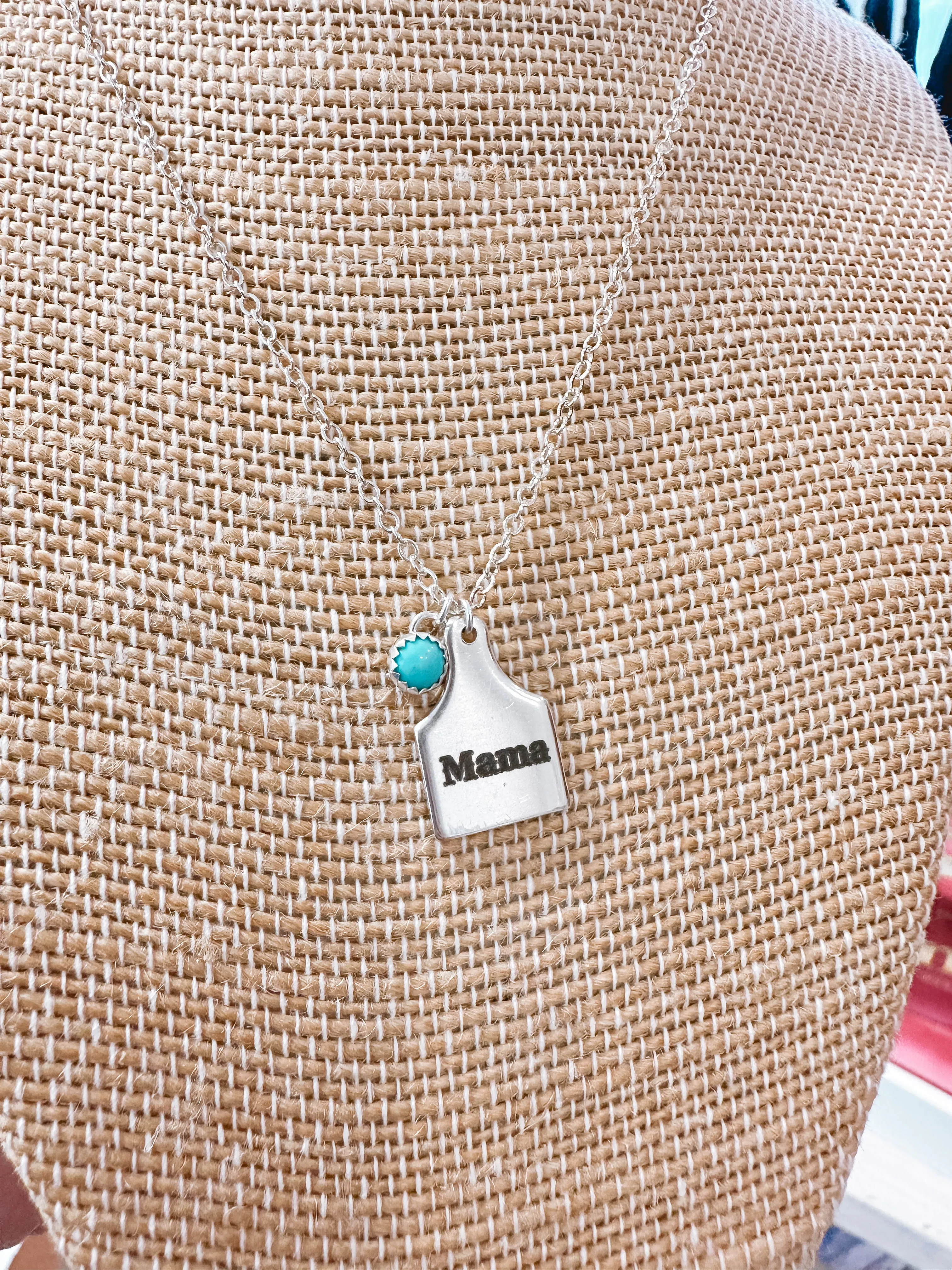 Mama Cattle Tag & Kingman Turquoise Sterling Silver Charm Necklace