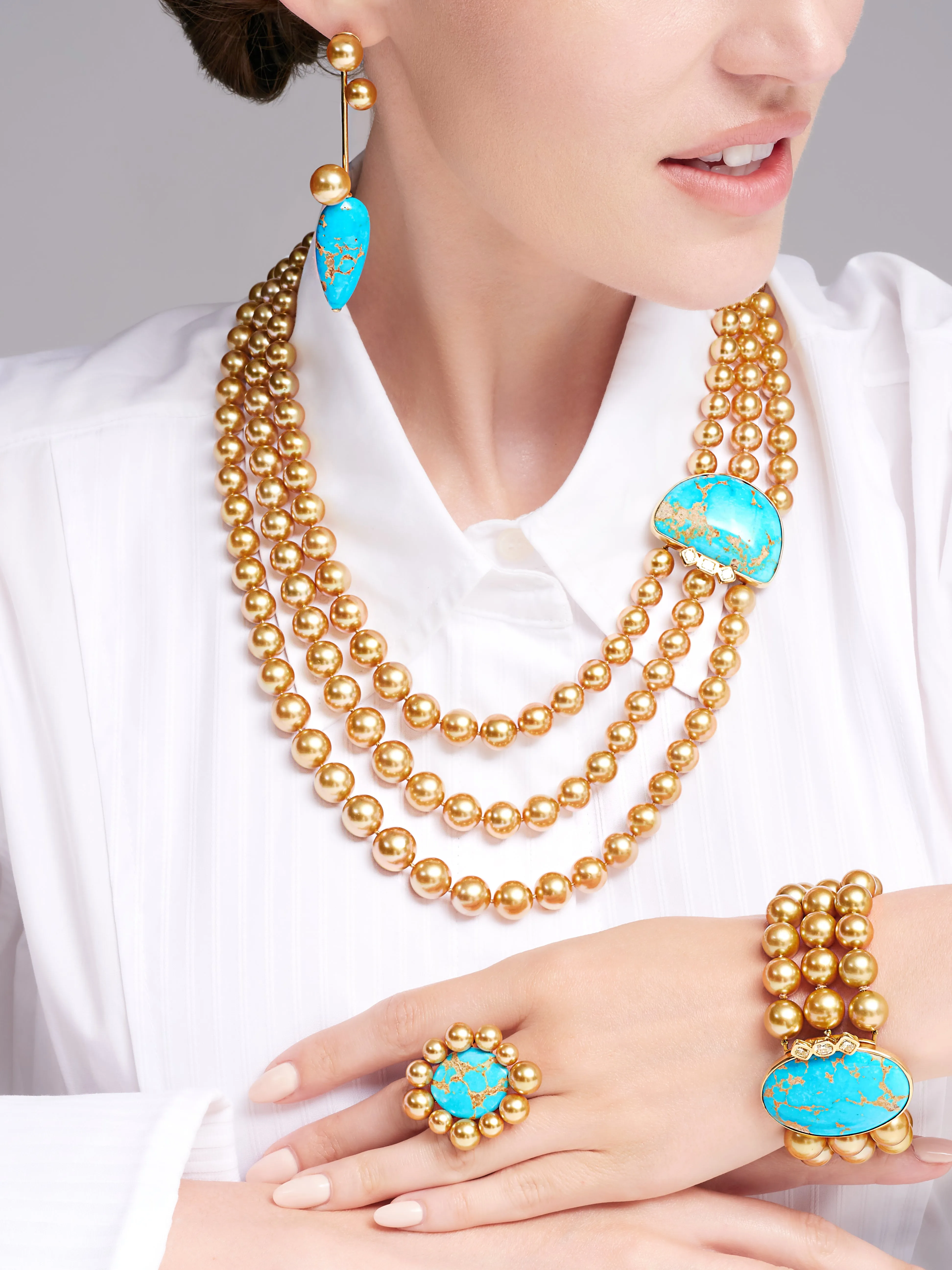 Mezza Luna Golden South Sea Pearl and Natural Turquoise Necklace