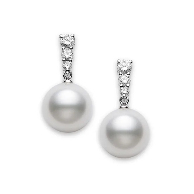 Mikimoto 18K White Gold Pearl and Diamond Dangle Earrings
