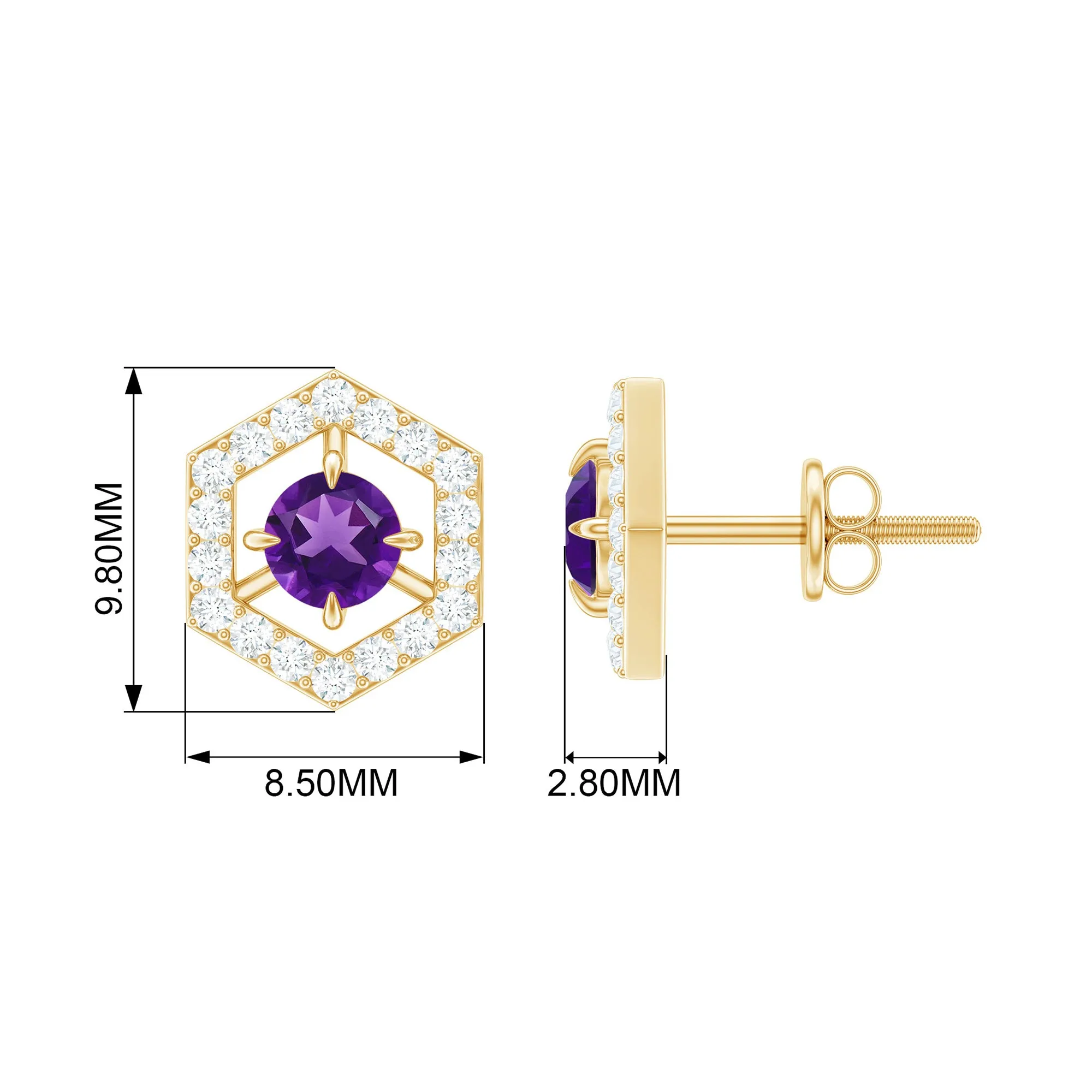 Minimal Amethyst and Diamond Geometric Stud Earrings