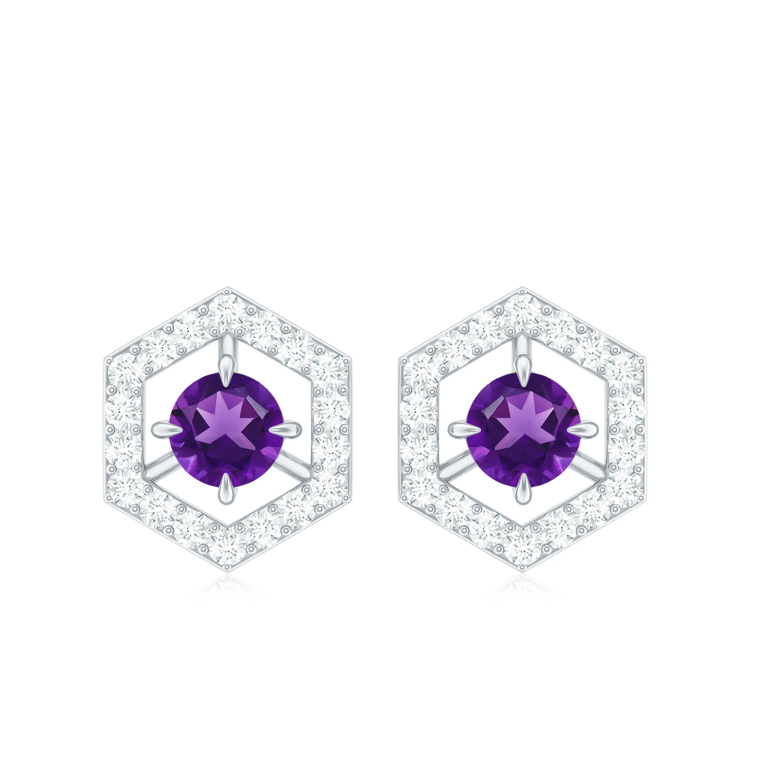 Minimal Amethyst and Diamond Geometric Stud Earrings