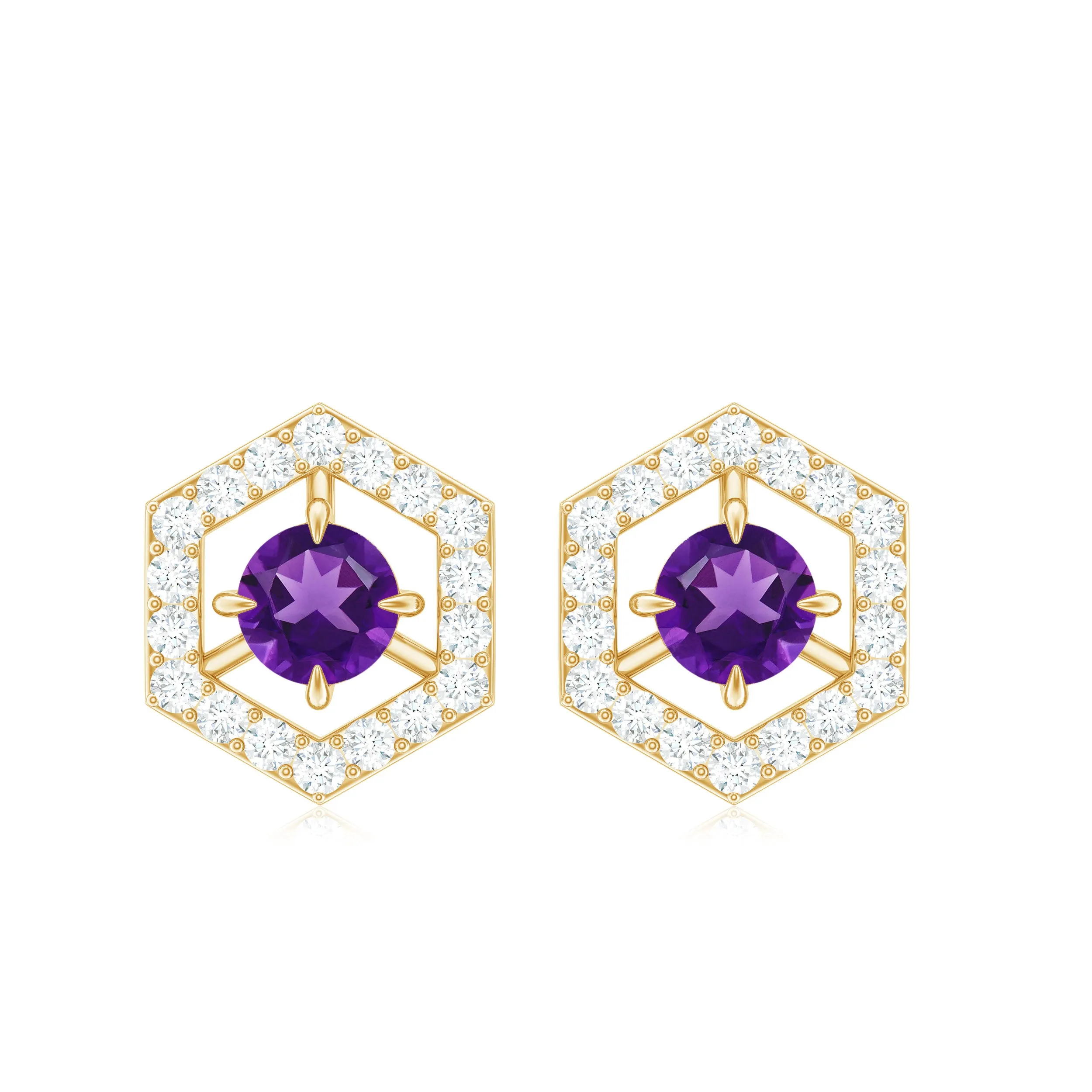 Minimal Amethyst and Diamond Geometric Stud Earrings