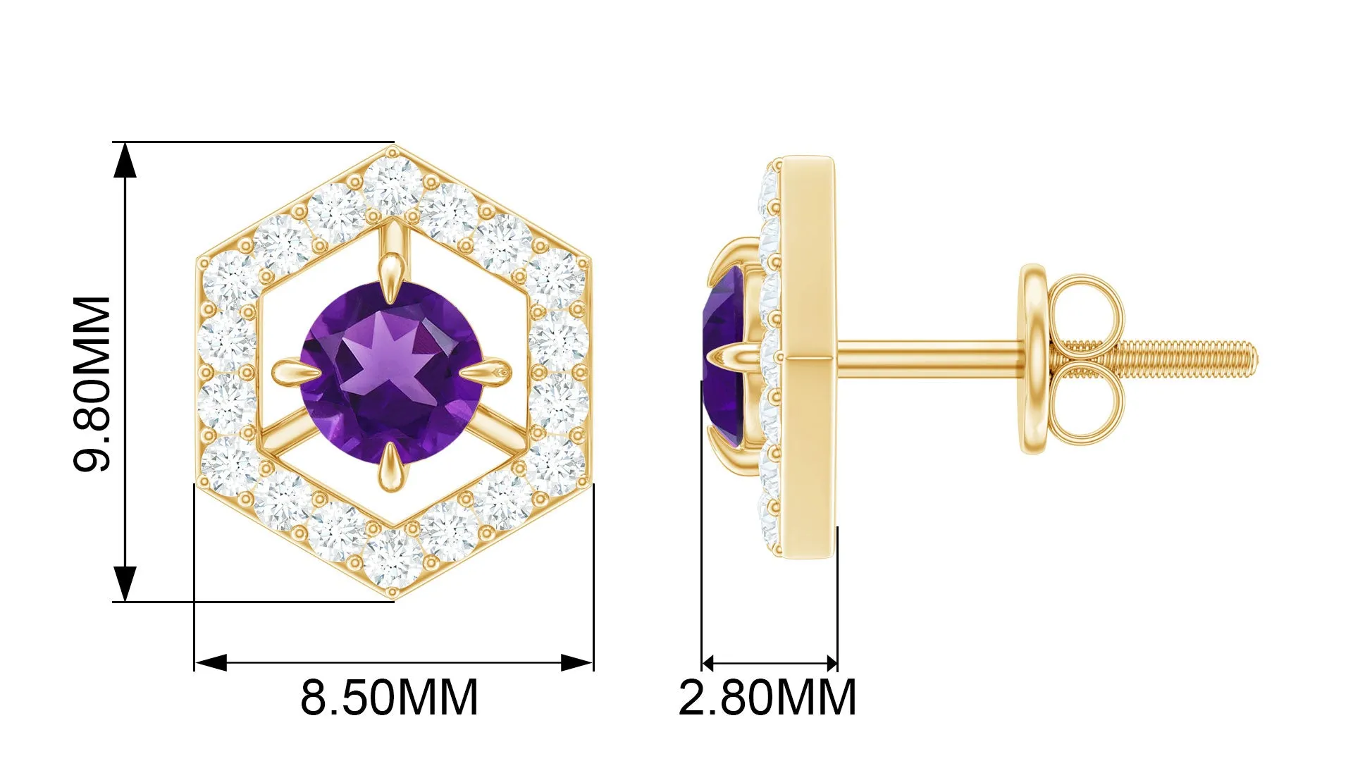Minimal Amethyst and Diamond Geometric Stud Earrings
