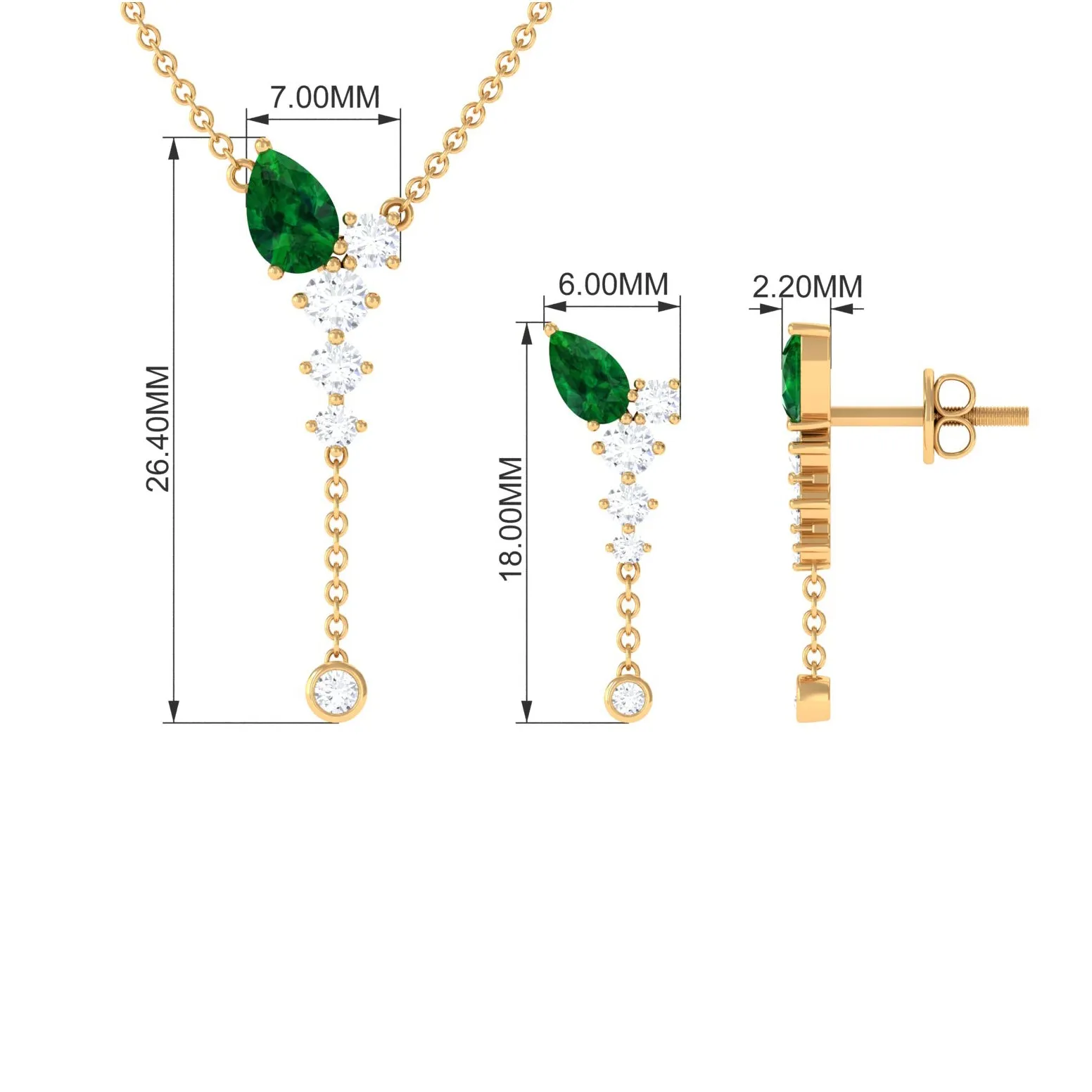 Minimal Created Emerald Dangle Necklace and Earrings Set in Gold with Moissanite