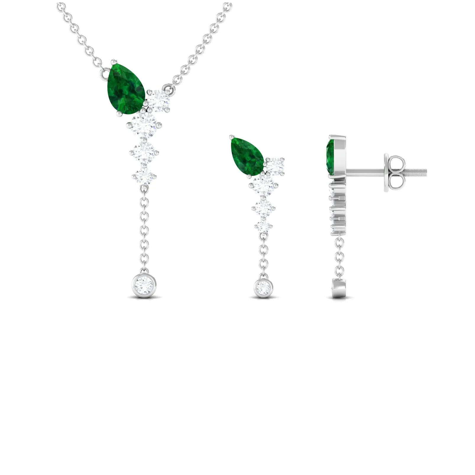 Minimal Created Emerald Dangle Necklace and Earrings Set in Gold with Moissanite