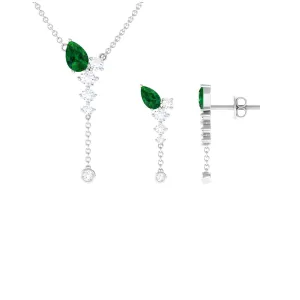 Minimal Created Emerald Dangle Necklace and Earrings Set in Gold with Moissanite