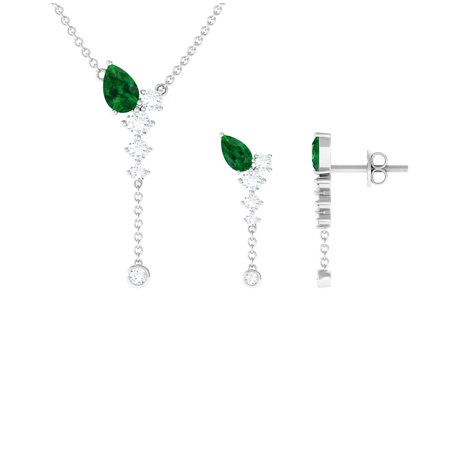 Minimal Created Emerald Dangle Necklace and Earrings Set in Gold with Moissanite
