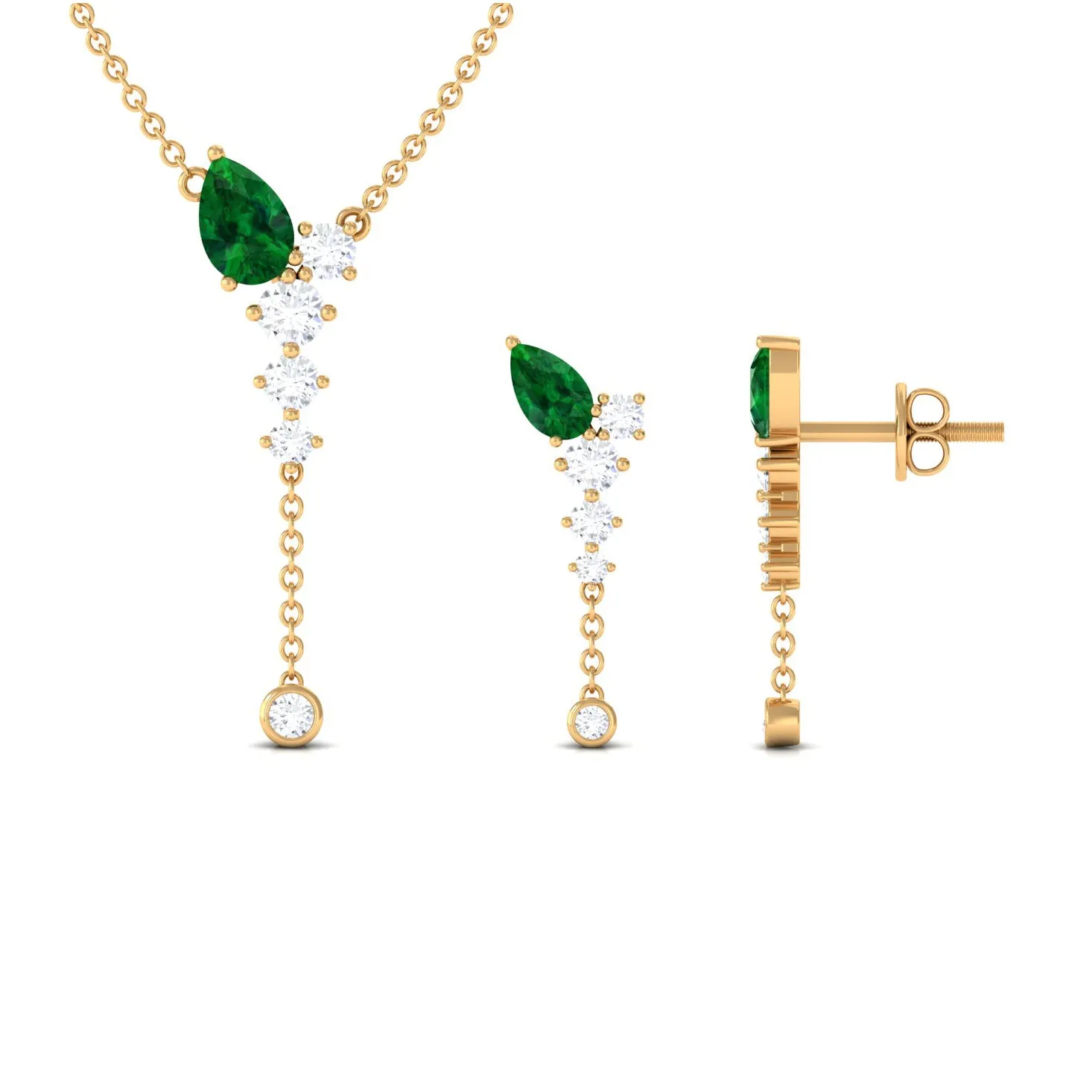 Minimal Created Emerald Dangle Necklace and Earrings Set in Gold with Moissanite