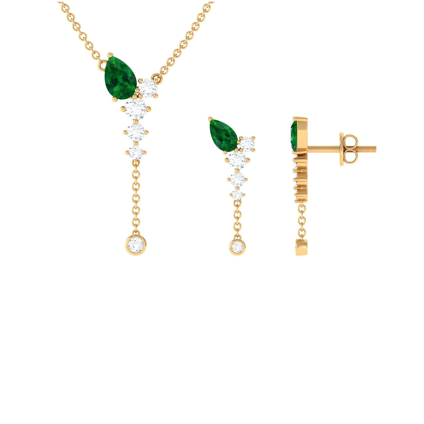 Minimal Created Emerald Dangle Necklace and Earrings Set in Gold with Moissanite