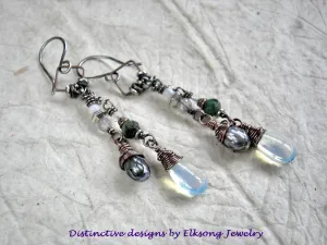 Moon Drop Earrings, Opalite Teardrops, Faceted Pearl & Emerald