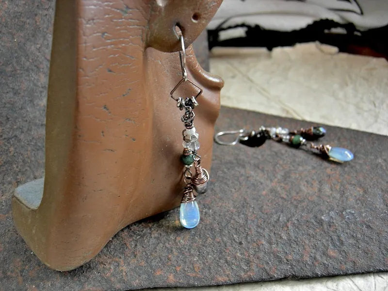 Moon Drop Earrings, Opalite Teardrops, Faceted Pearl & Emerald