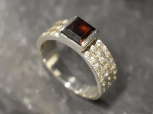 Natural Garnet Ring - Triple Diamond Band - Red Square Ring