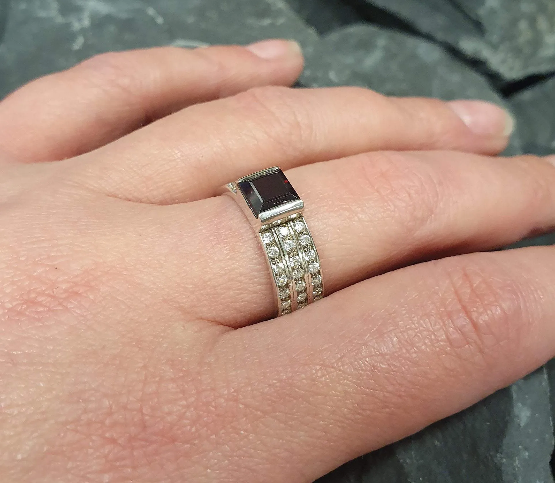 Natural Garnet Ring - Triple Diamond Band - Red Square Ring